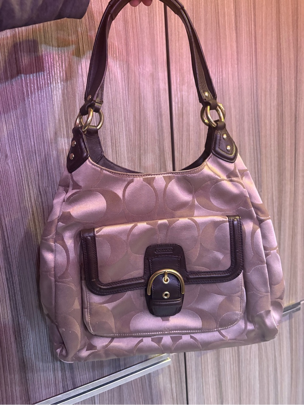 Coach Satin Shoulder Bag with Brown Trim